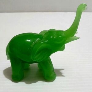 Jade Green Glass Elephant Figurine Hand Blown Trunk Up Good Luck 3” Tall.